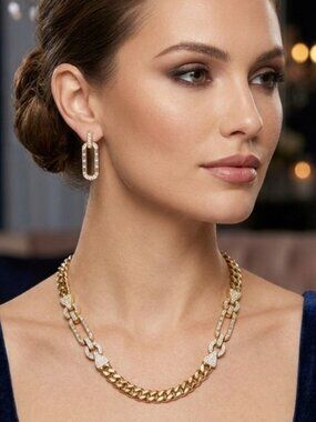 Chunky Gold and Rhinestone Necklace and Pierced Earring Set